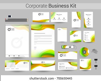 Corporate Identity Kit with green and yellow waves. Abstract business stationery mock up and branding design.