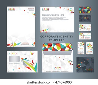 Corporate identity kit in low-poly style. Letter Head design, Presentation template, Envelope, Business Card, CD Cover. Vector company style. Multicolored version