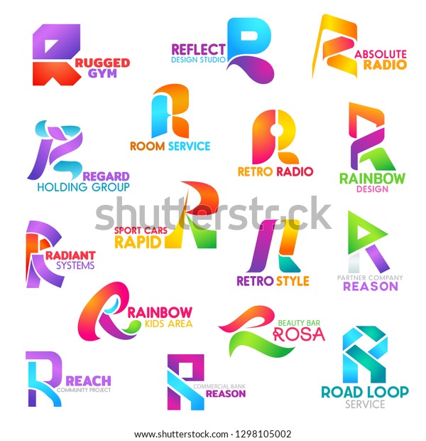 Corporate identity letter R business icons. Sport\
and design, radio and holding, cleaning and technology, transport\
and entertainment, beauty and banking, road. Vector emblems, signs\
or symbols