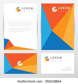 Corporate identity letterhead and business card mockup templates with abstract geometric multicolored pattern design and polygon logo icon