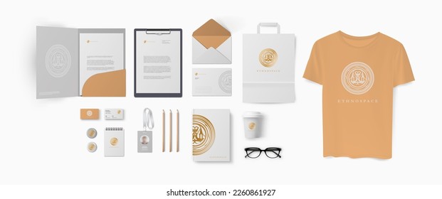 Corporate identity with light brown ethno logo for yoga center or natural spa salon, branding set of folder and envelope, business card and book