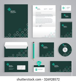 Corporate identity medical branding template. Abstract Pharmacy vector stationery design on dark green background. Business documentation