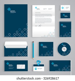 Corporate identity medical branding template. Abstract Pharmacy vector stationery design on dark blue background. Business documentation