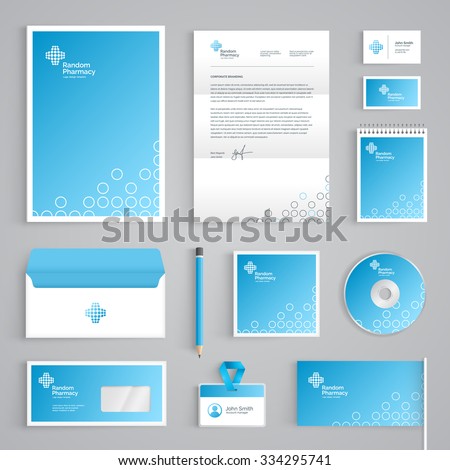 Corporate identity medical branding template. Abstract Pharmacy vector stationery design on light blue background. Business documentation