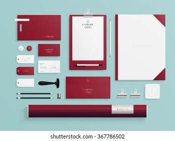 Corporate identity mock up for beauty or hair salon, cosmetic and wedding companies with logo template. Business set of envelope, notebook, card, folder, paper bag, etc. Vector illustration.