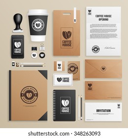 Corporate identity mock up for coffee house, shop, cafe. Business set of envelope, notebook, card, folder, paper bag, menu, paper cup, etc. Vector illustration.