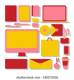 Corporate identity mock up template for business company in yellow and red neon tone,Object shape include paper name card cd mobile pen shopping bag coffee cup letter and tablet in collection