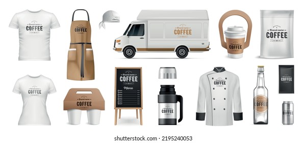 Corporate identity mockup for coffee shop realistic set with cups van bottle uniform isolated vector illustration