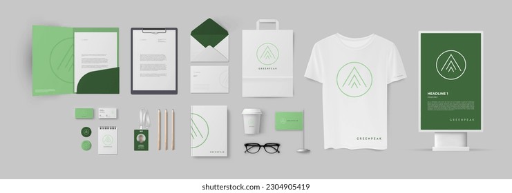 Corporate identity mockup with green ecological logo. Minimalistic style with lineart logo and branding stationery template.