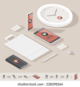 Corporate identity mock-up template. Flat isometric design. Vector illustration.