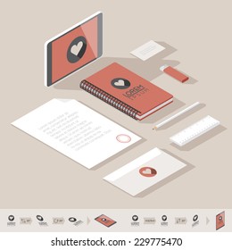 Corporate identity mock-up template. Flat isometric design. Vector illustration.