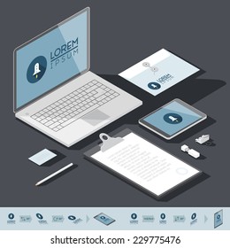 Corporate identity mock-up template. Flat isometric design. Vector illustration.