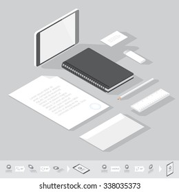 Corporate identity mock-up template. Flat isometric design. Vector illustration.