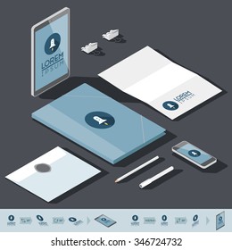 Corporate identity mock-up template. Flat isometric design. Vector illustration.