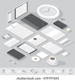 Corporate identity mock-up template. Flat isometric design. Vector illustration.