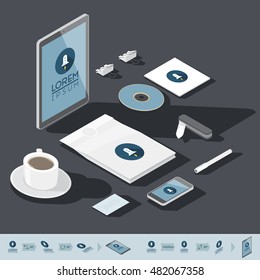 Corporate identity mock-up template. Flat isometric design. Vector illustration.