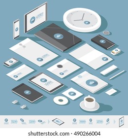 Corporate identity mock-up template. Flat isometric design. Vector illustration.
