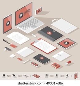 Corporate identity mock-up template. Flat isometric design. Vector illustration.