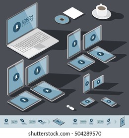 Corporate identity mock-up template. Flat isometric design. Vector illustration.