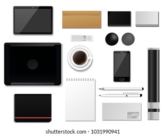 Corporate identity mock-up vector premium template set business office stationery realistic 3d mockup top view branding illustration.