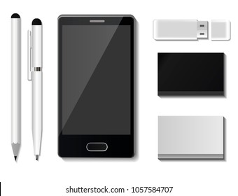 Corporate identity mock-up vector premium template set business office stationery realistic 3d mockup top view branding illustration.