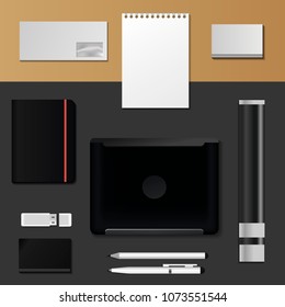 Corporate identity mock-up vector premium template set business office stationery realistic 3d mockup top view branding illustration.