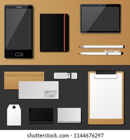 Corporate identity mock-up vector premium template set business office stationery realistic 3d mockup top view branding illustration.