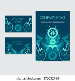 Corporate identity in a nautical theme. Vector set of sea invitation cards. Collection of banners on the marine theme. Illustration on the marine theme.