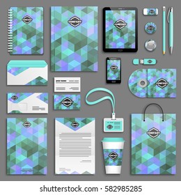 Corporate identity ocean, blue, heather template set. Business stationery mock-up with logo. Branding design. Colorful geometric background.