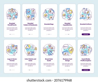 Corporate identity onboarding mobile app page screen with concepts set. Increasing brand awareness walkthrough 5 steps graphic instructions. UI, UX, GUI vector template with linear color illustrations