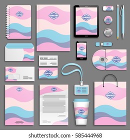 Corporate identity, pink, sky, iris, ethnic, wave template set. Business stationery mock-up with logo. Branding design. Colorful geometric background.