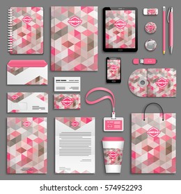 Corporate identity pink, Valentines day template set. Business stationery mock-up with logo. Branding design. Colorful geometric background.