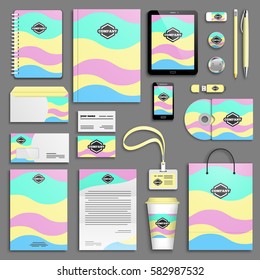 Corporate identity pink, yellow, teal, sky, ethnic, wave template set. Business stationery mock-up with logo. Branding design. Colorful geometric background.