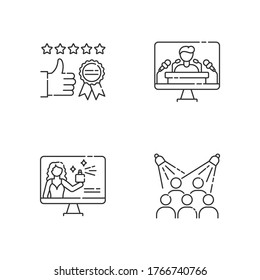 Corporate identity pixel perfect linear icons set. Brand ambassador. Corporate identity. Client review. Customizable thin line contour symbols. Isolated vector outline illustrations. Editable stroke