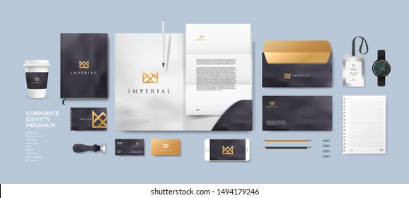 Corporate identity premium branding design. Stationery mockup vector megapack set. Template for business or finance company. Folder and A4 letter, visiting card and envelope based on modern gold logo.