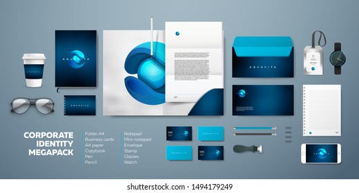 Corporate identity premium branding design. Stationery mockup vector megapack set. Template for business or finance company. Folder and A4 letter, visiting card and envelope based on modern blue logo.