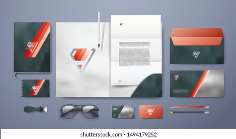 Corporate identity premium branding design. Stationery mockup vector megapack set. Template for business or finance company. Folder and A4 letter, visiting card and envelope based on modern red logo.