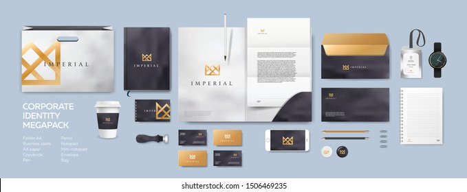 Corporate identity premium branding design. Stationery mockup vector megapack set. Template for business or finance company. Firm style based on modern gold logo. Paper bag and pin badge added.