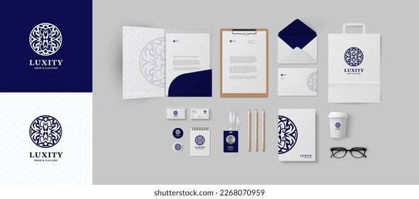 Corporate identity premium branding design. Stationery mockup vector template for business and respectable company. Based on vintage luxury blue logo folder and A4 letter, visiting card and envelope.