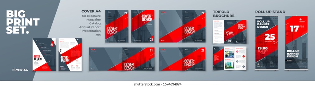 Corporate Identity Print Template Set of Brochure cover, flyer, tri fold, report, catalog, roll up banner. Branding design. Business stationery background design collection.