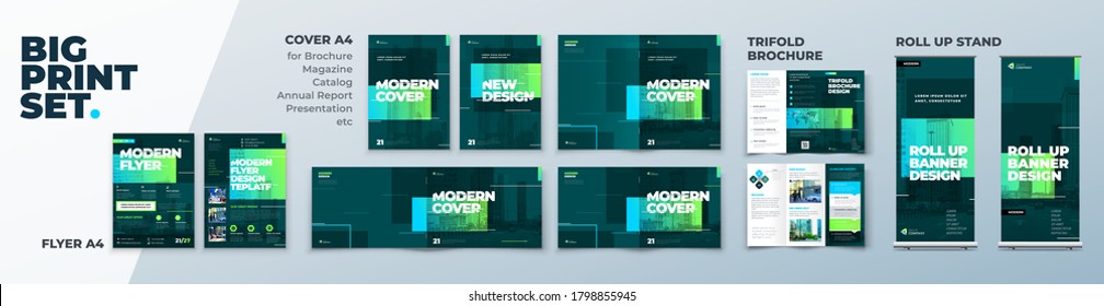 Corporate Identity Print Template Set of Brochure cover, flyer, tri fold, report, catalog, roll up banner. Branding design in Green colors. Business stationery background design collection.