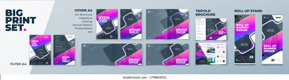 Corporate Identity Print Template Set of Brochure cover, flyer, tri fold, report, catalog, roll up banner. Branding design in Purple colors. Business stationery background design collection.