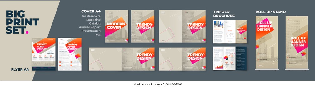 Corporate Identity Print Template Set of Brochure cover, flyer, tri fold, report, catalog, roll up banner. Branding design in Biege colors. Business stationery background design collection.