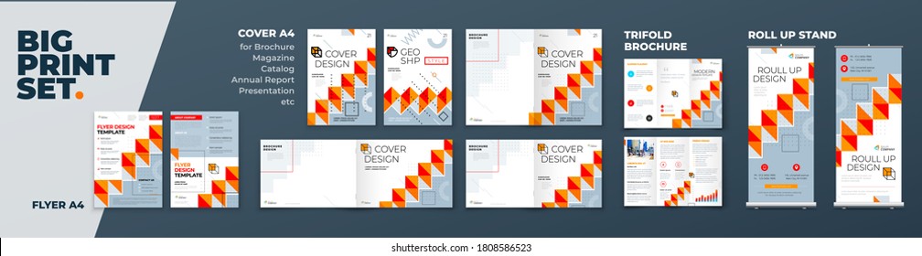 Corporate Identity Print Template Set of Brochure cover, flyer, tri fold, report, catalog, roll up banner. Branding design. Business stationery background design collection.