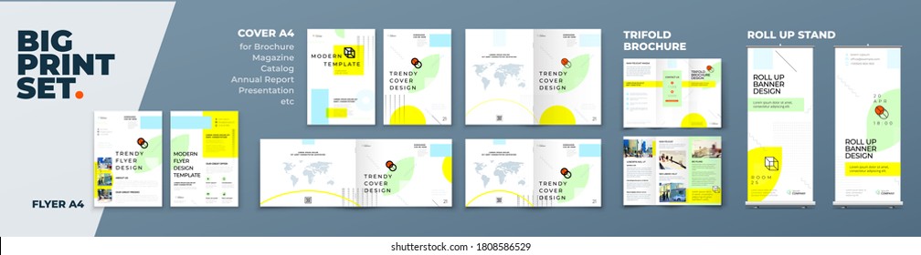 Corporate Identity Print Template Set of Brochure cover, flyer, tri fold, report, catalog, roll up banner. Branding design. Business stationery background design collection.