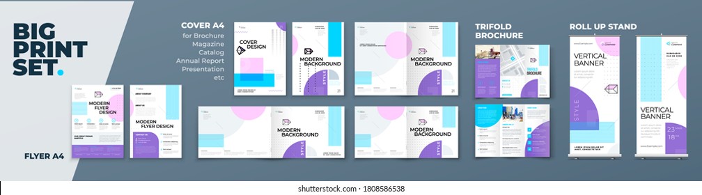 Corporate Identity Print Template Set of Brochure cover, flyer, tri fold, report, catalog, roll up banner. Branding design. Business stationery background design collection.