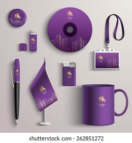 Corporate identity purple design template with branded business stationery set isolated vector illustration