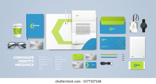 Corporate identity. Realistic branding template stationery mockup with logo and printing materials. Folder and A4 letter, visiting card and envelope. Elegant minimalistic design.