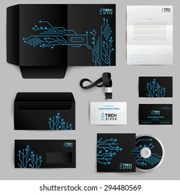 Corporate identity realistic elements set with technology pattern isolated vector illustration