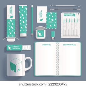 Corporate identity realistic template for dental clinic with notepad cup and healthcare items isolated vector illustration